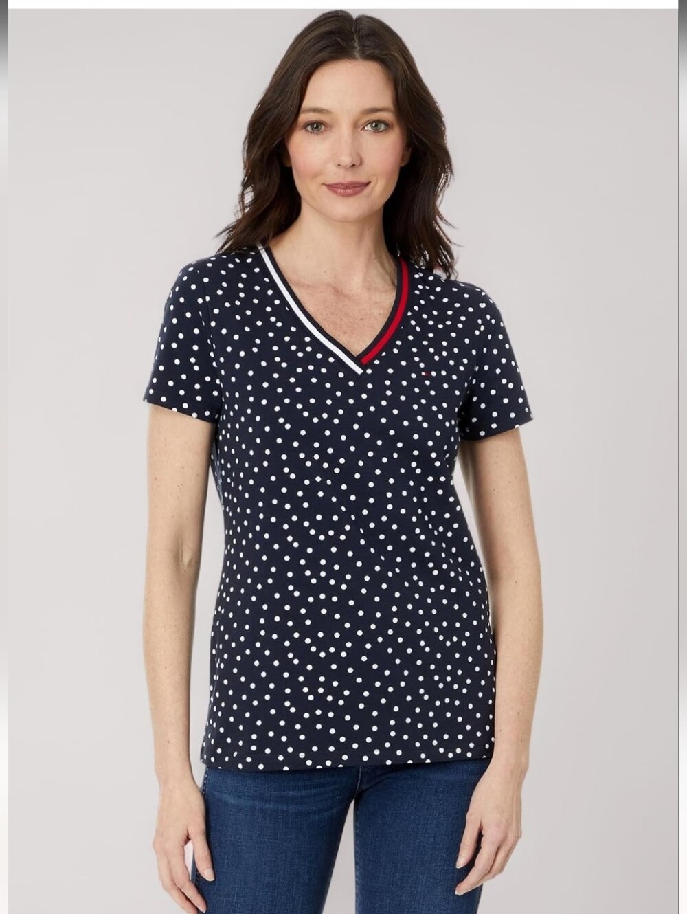(Ew)Tommy Hilfiger Navy Polka Dot V‑Neck Short Sleeve Top with Red Trim